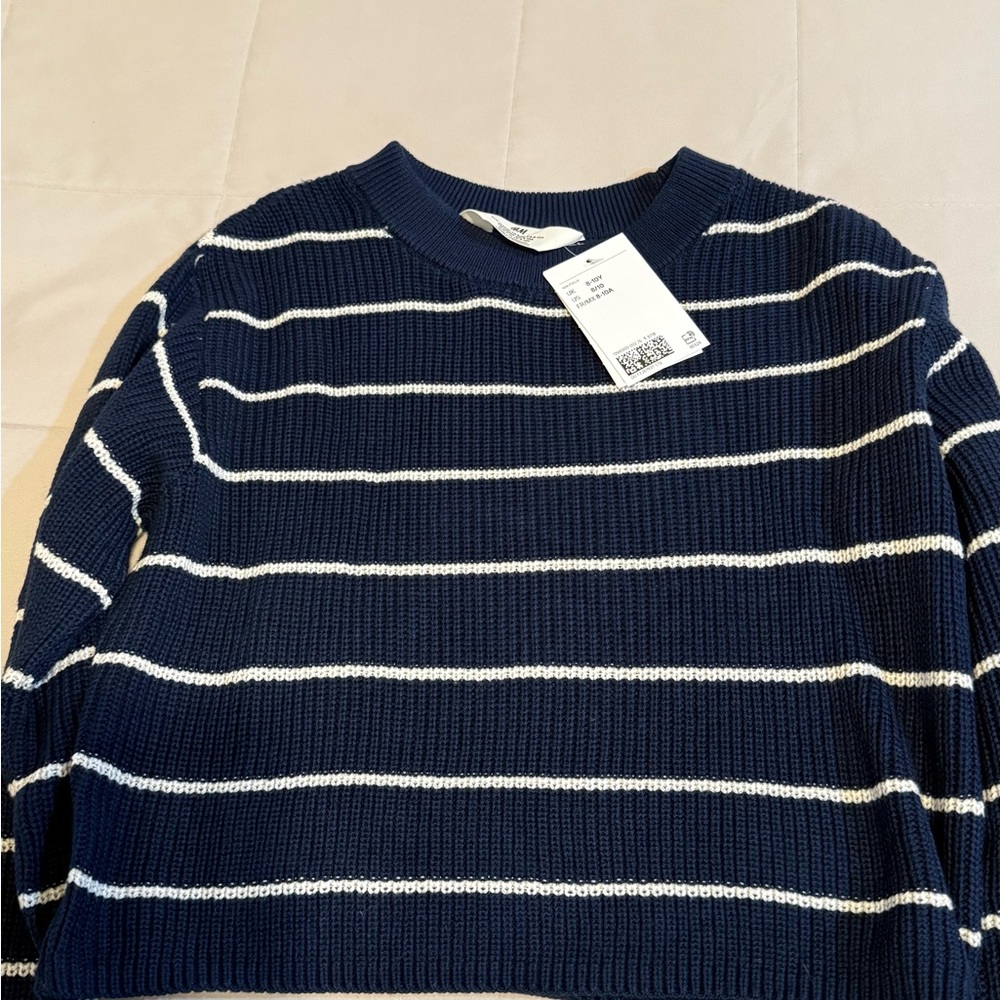 NEW H&M Girls Blue and White Striped Crewneck Sweater